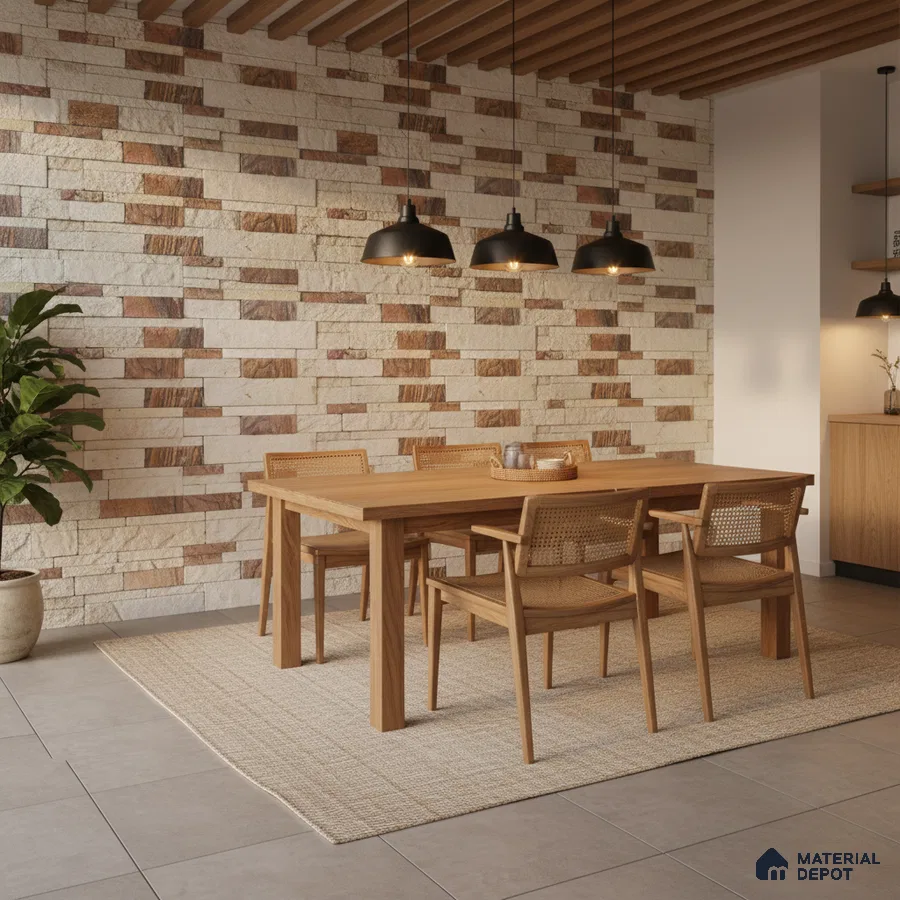 Scandinavian dining room with stone cladding accent wall and natural oak wood dining set in Bengaluru