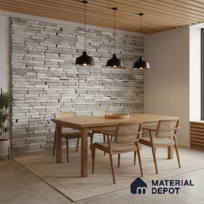Scandinavian dining room with stone cladding accent wall and natural wood ceiling panels in Bengaluru