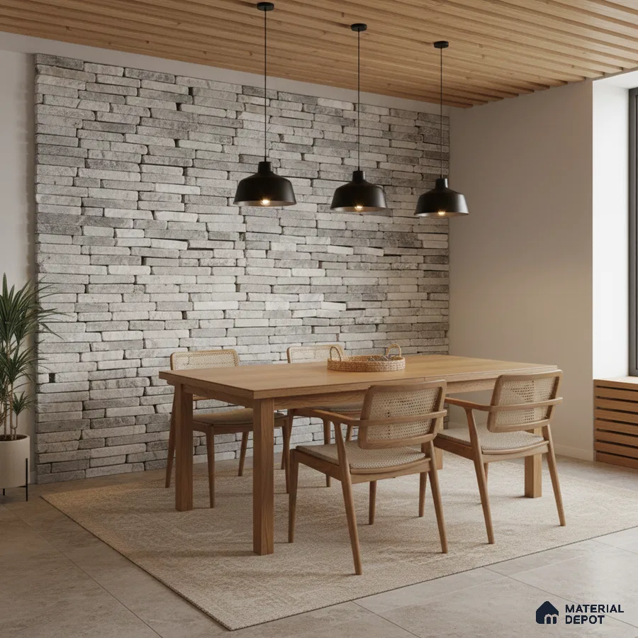 Scandinavian dining room with stone cladding accent wall and natural wood ceiling panels in Bengaluru