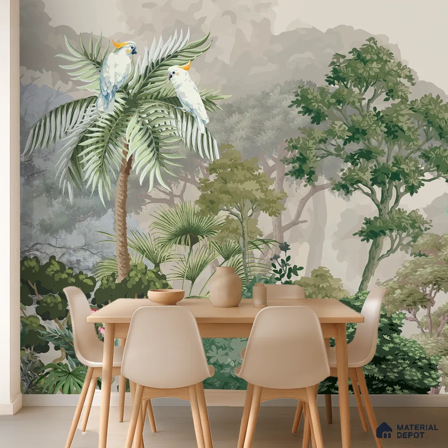 Scandinavian dining room with tropical nature wallpaper and light wood dining set in Bengaluru