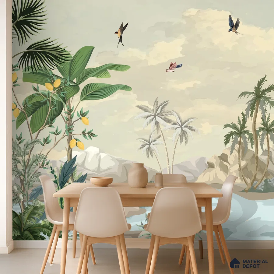 Scandinavian dining room with tropical nature wallpaper and light wood furniture in Bengaluru