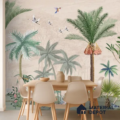 Scandinavian dining room with tropical wallpaper and light wood dining set in Bengaluru
