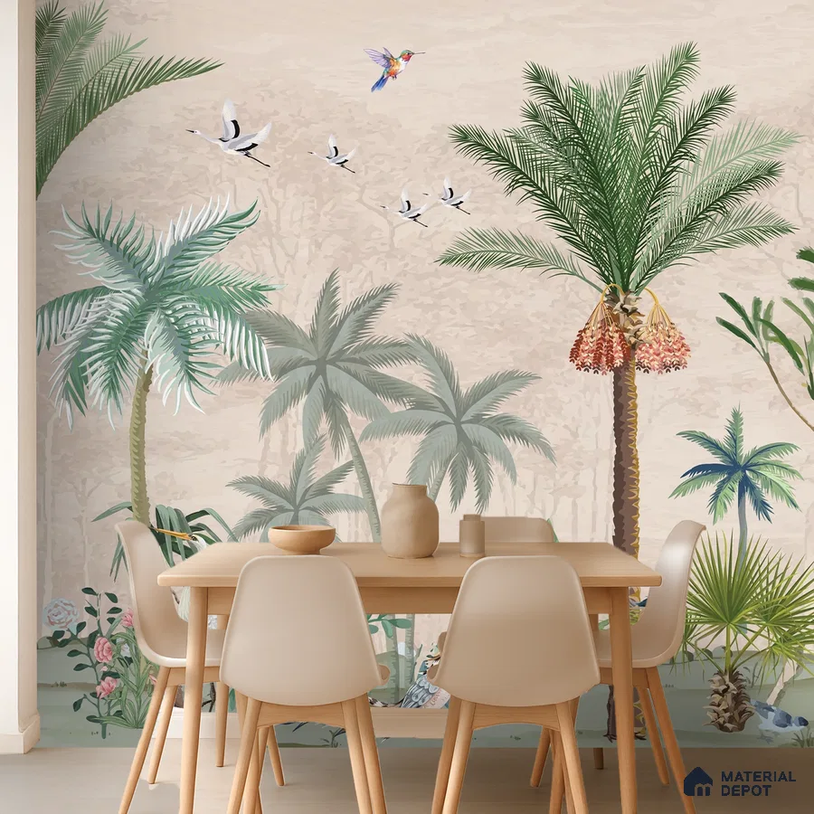 Scandinavian dining room with tropical wallpaper and light wood dining set in Bengaluru