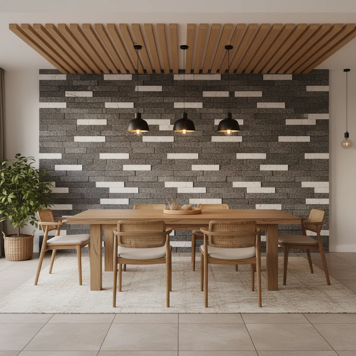Scandinavian dining room with wood slat ceiling, oak dining set, and ...
