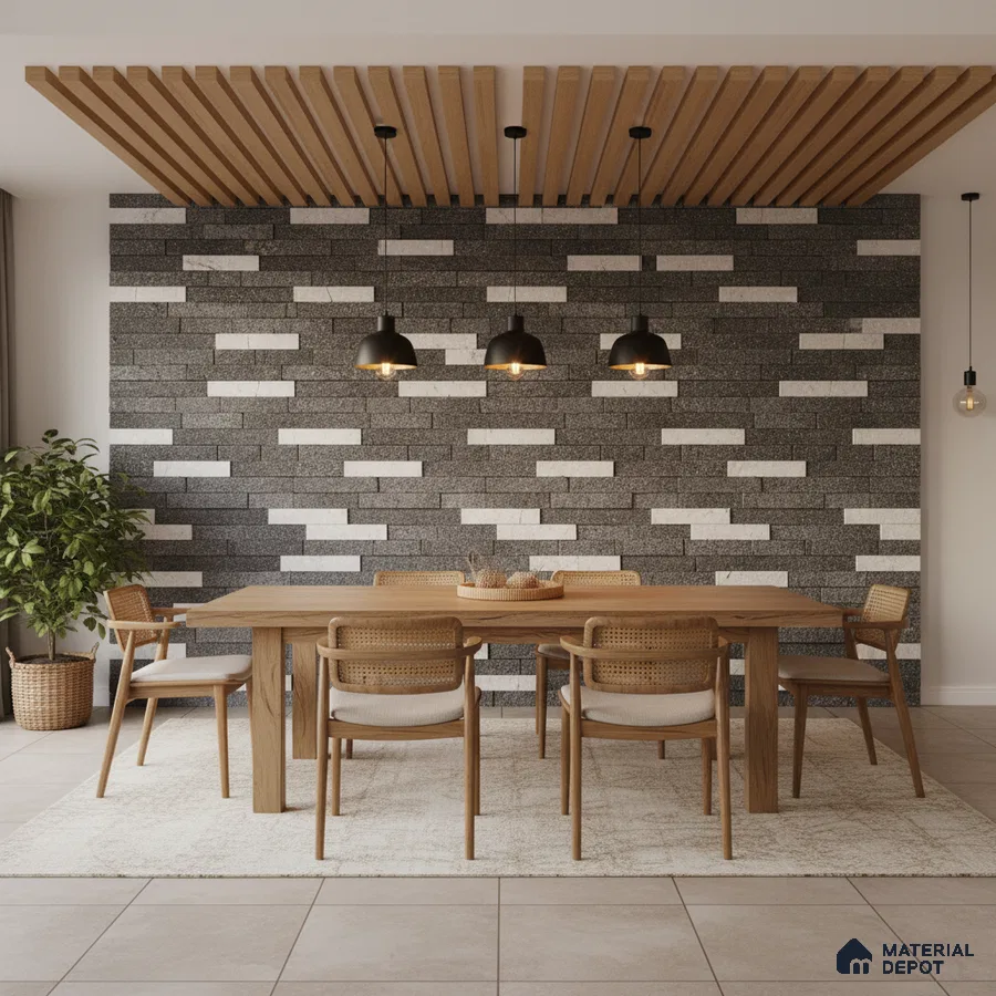 Scandinavian dining room with wood slat ceiling, oak dining set, and grey-white stone cladding accent wall in Bengaluru