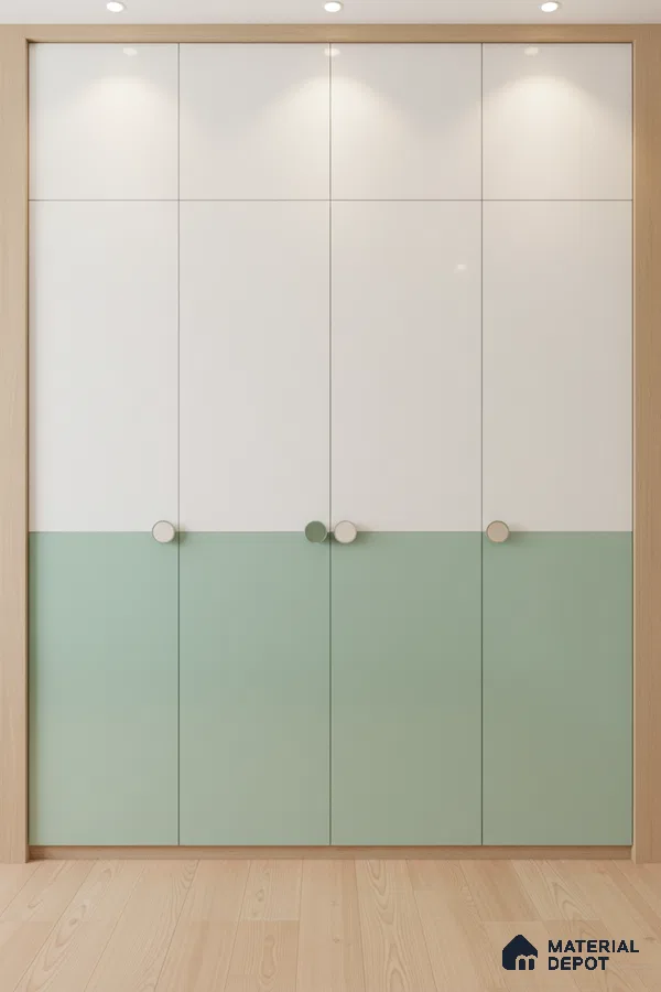 Scandinavian dual tone wardrobe with frosty white and sage green laminate and light oak framing in Bengaluru