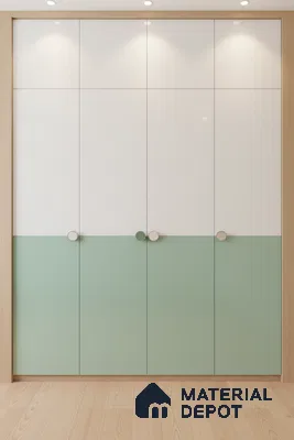 Scandinavian dual tone wardrobe with frosty white and sage green laminate and light oak framing in Bengaluru