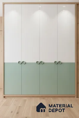 Scandinavian dual tone wardrobe with frosty white and sage green laminate, natural oak wooden flooring in Bengaluru