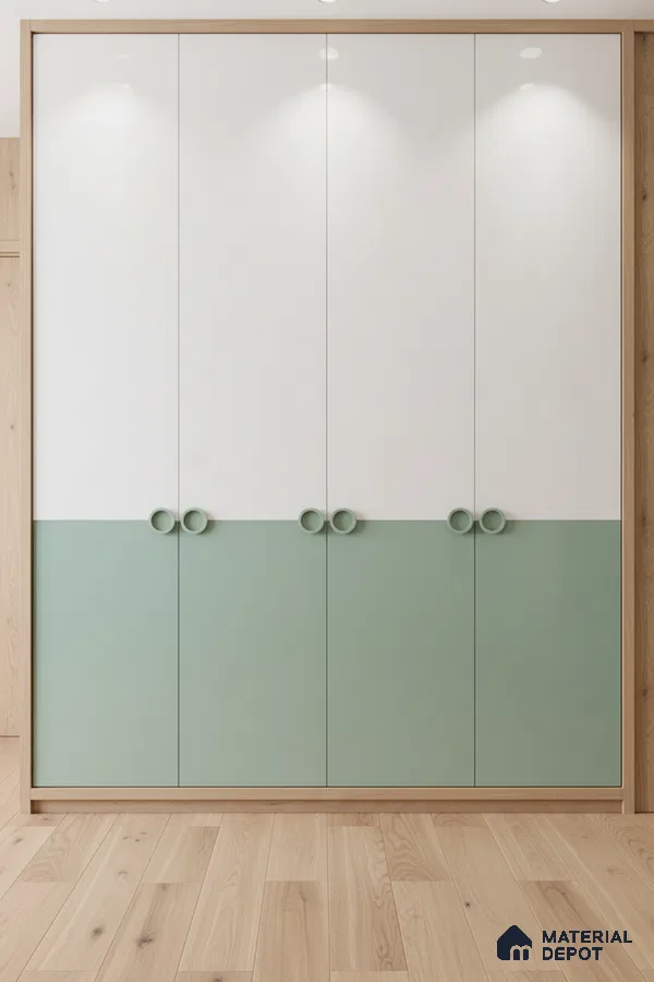 Scandinavian dual tone wardrobe with frosty white and sage green laminate, natural oak wooden flooring in Bengaluru