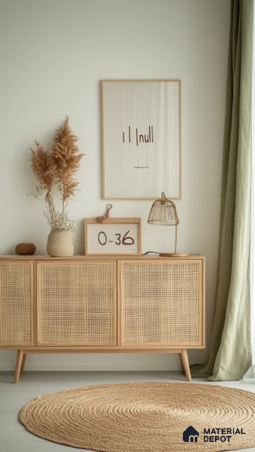 Scandinavian Entryway with Cane Cabinet and Neutral Boho Accents | Material Depot