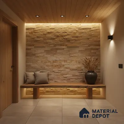 Scandinavian foyer with beige stone cladding, natural wood bench, and large format floor tiles in Bengaluru