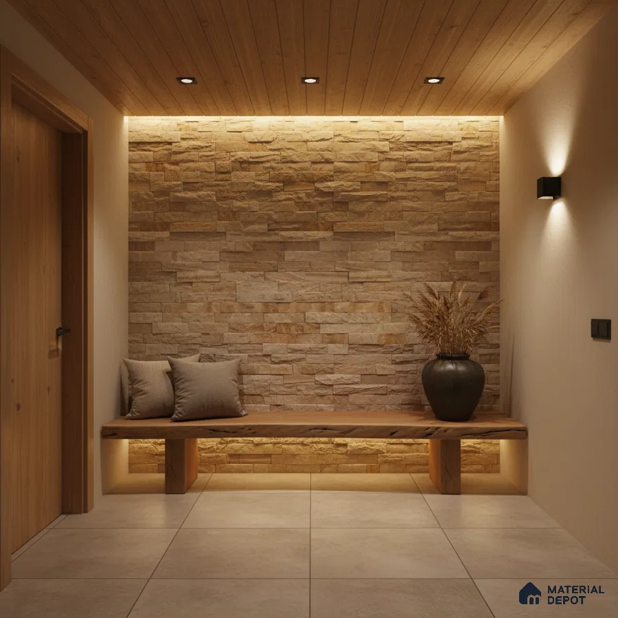 Scandinavian foyer with beige stone cladding, natural wood bench, and large format floor tiles in Bengaluru
