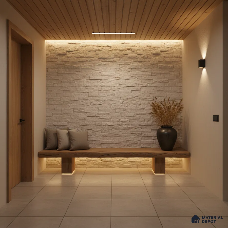 Scandinavian foyer with beige stone cladding, natural wood ceiling, and large format beige floor tiles in Bengaluru