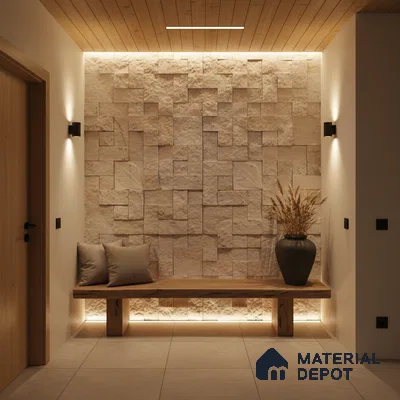 Scandinavian foyer with beige stone cladding, wooden ceiling, and minimalist bench in Bengaluru