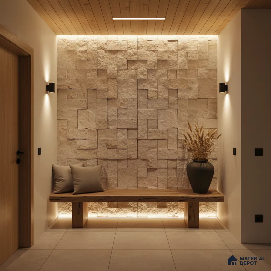 Scandinavian foyer with beige stone cladding, wooden ceiling, and minimalist bench in Bengaluru