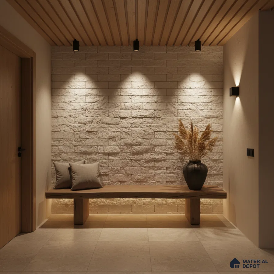 Scandinavian foyer with beige stone cladding, wooden ceiling louvers, and light beige floor tiles in Bengaluru