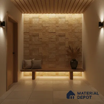 Scandinavian foyer with beige stone cladding, wooden ceiling panels, and light ceramic floor tiles in Bengaluru
