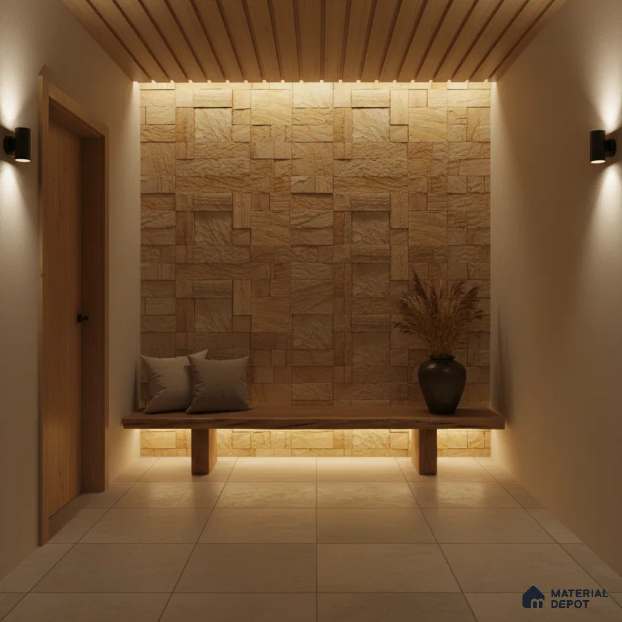 Scandinavian foyer with beige stone cladding, wooden ceiling panels, and light ceramic floor tiles in Bengaluru