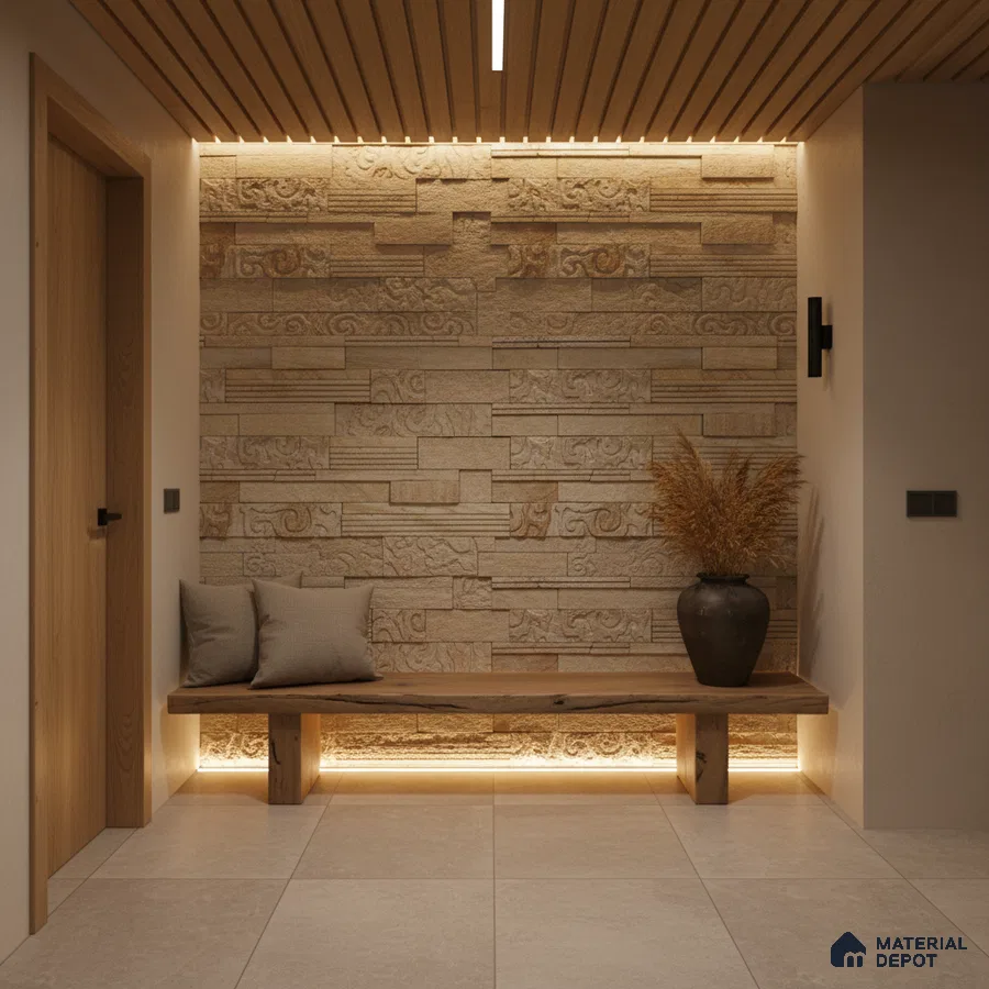 Scandinavian foyer with carved beige stone cladding, wooden ceiling panels, and light ceramic floor tiles in Bengaluru