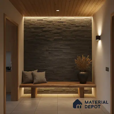Scandinavian foyer with dark stacked stone cladding, natural wood bench, and beige floor tiles in Bengaluru