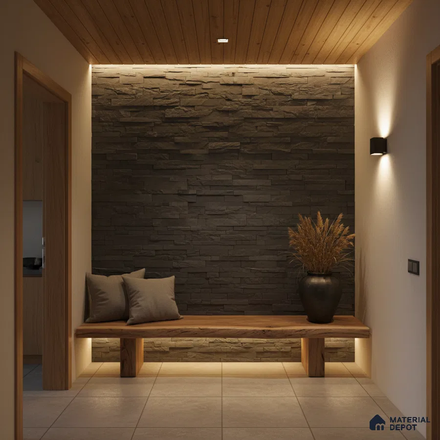 Scandinavian foyer with dark stacked stone cladding, natural wood bench, and beige floor tiles in Bengaluru