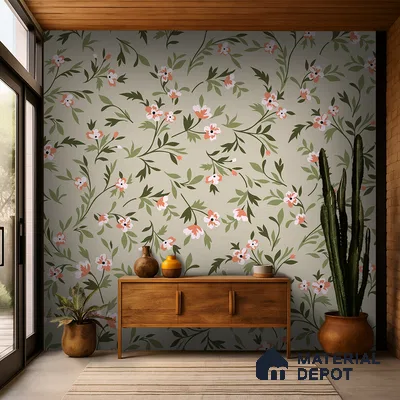 Scandinavian foyer with floral wallpaper and natural wood console in Bengaluru