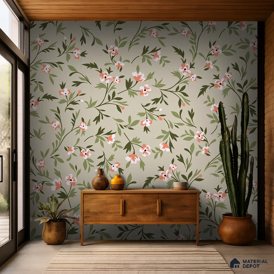 Scandinavian foyer with floral wallpaper and natural wood console in Bengaluru