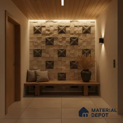Scandinavian foyer with geometric stone cladding, wooden ceiling, and beige floor tiles in Bengaluru