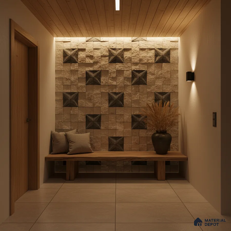 Scandinavian foyer with geometric stone cladding, wooden ceiling, and beige floor tiles in Bengaluru