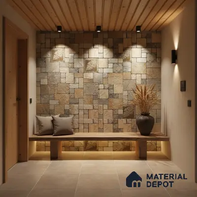 Scandinavian foyer with natural stone cladding, wooden ceiling, and beige floor tiles in Bengaluru