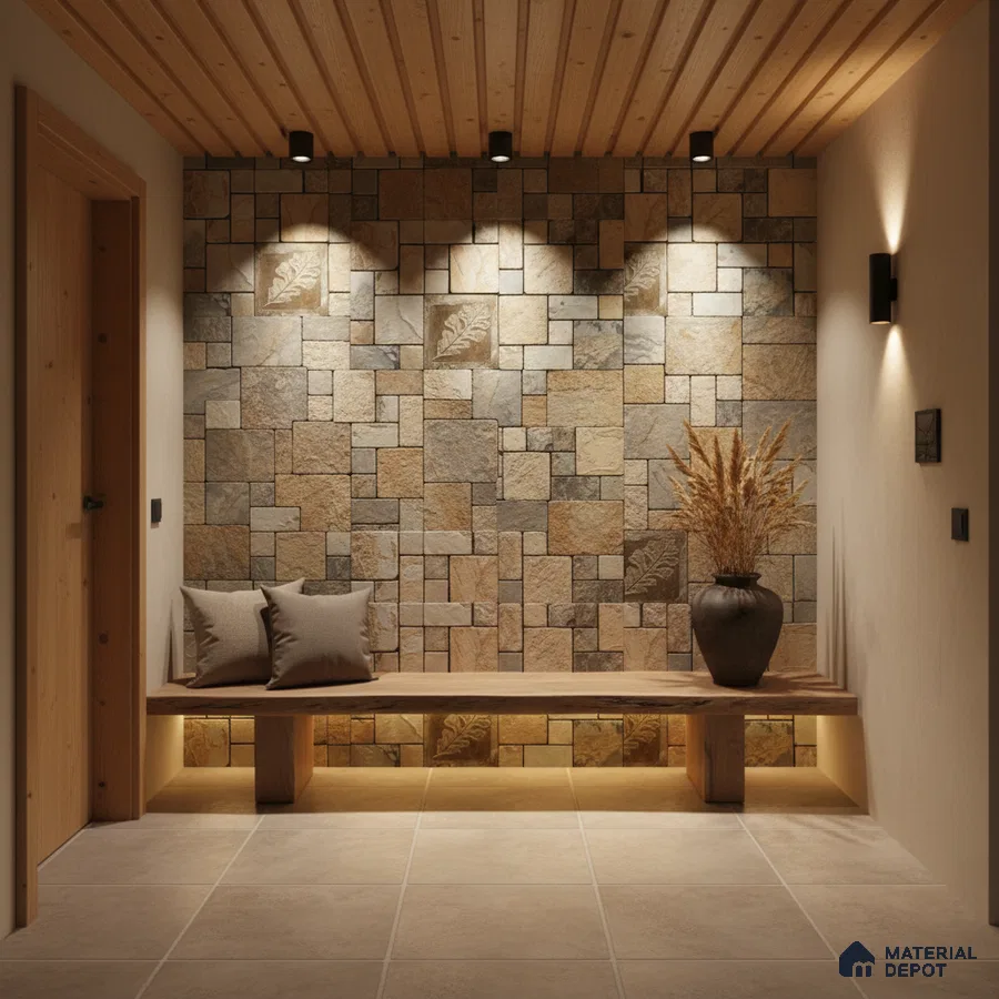 Scandinavian foyer with natural stone cladding, wooden ceiling, and beige floor tiles in Bengaluru
