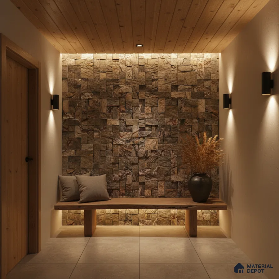Scandinavian foyer with natural stone cladding, wooden ceiling, and minimalist bench in Bengaluru