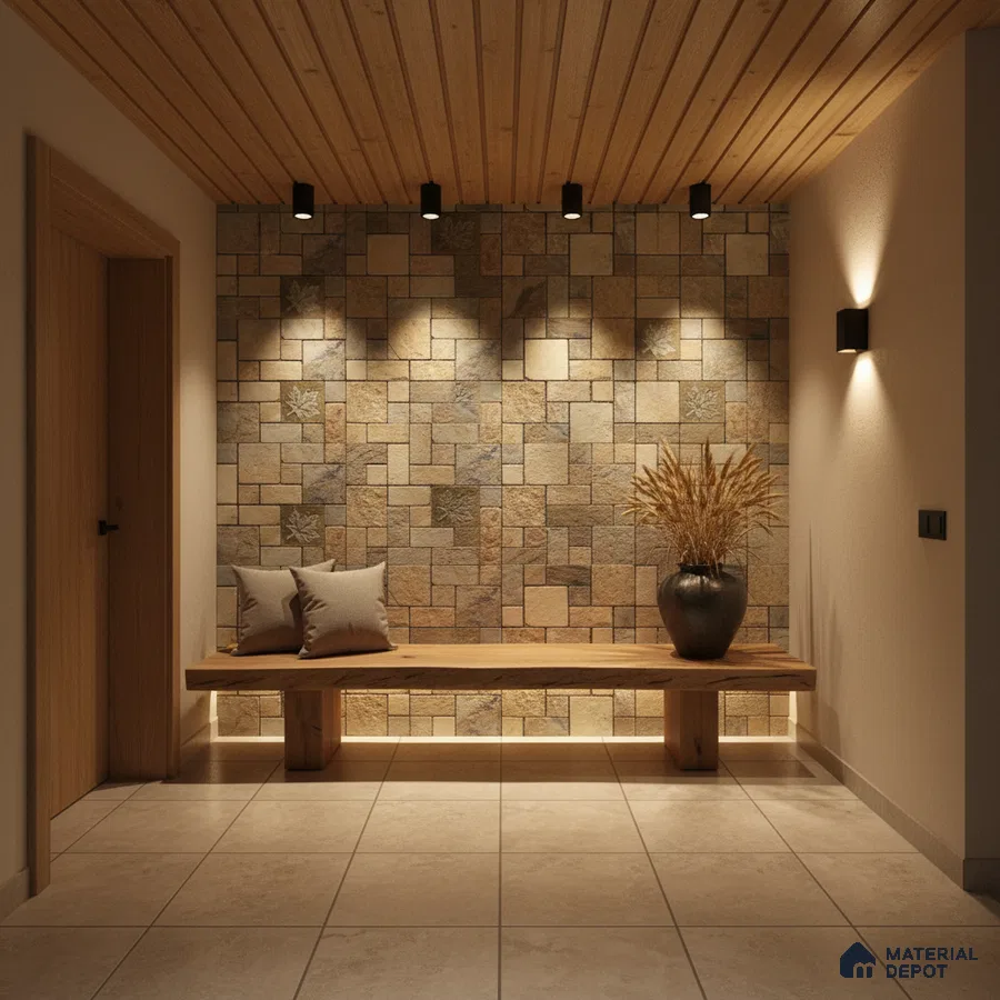 Scandinavian foyer with natural stone cladding, wooden ceiling panels, and beige floor tiles in Bengaluru