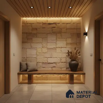 Scandinavian foyer with natural stone cladding, wooden ceiling panels, and minimalist bench seating in Bengaluru