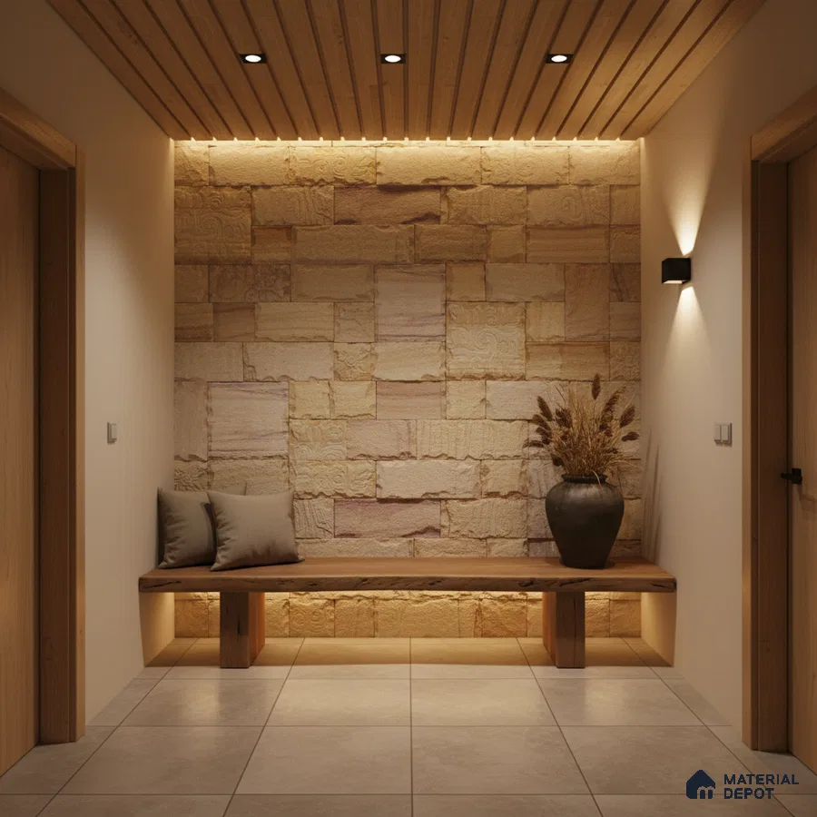 Scandinavian foyer with natural stone cladding, wooden ceiling panels, and minimalist bench seating in Bengaluru