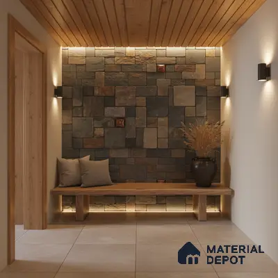 Scandinavian foyer with natural wood ceiling, stone cladding accent wall, and beige floor tiles in Bengaluru