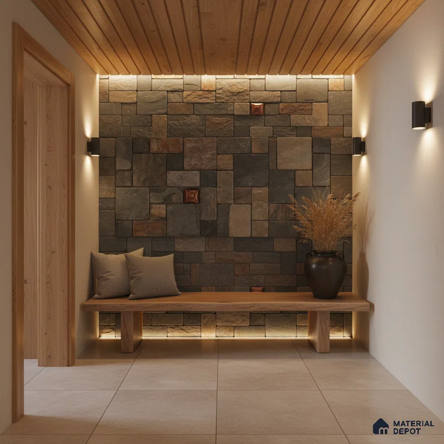 Scandinavian foyer with natural wood ceiling, stone cladding accent wall, and beige floor tiles in Bengaluru