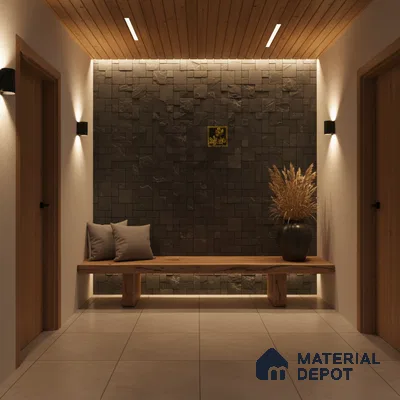 Scandinavian foyer with natural wood ceiling, stone cladding accent wall, and large format beige floor tiles in Bengaluru