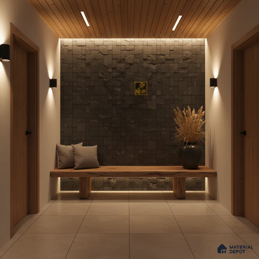 Scandinavian foyer with natural wood ceiling, stone cladding accent wall, and large format beige floor tiles in Bengaluru