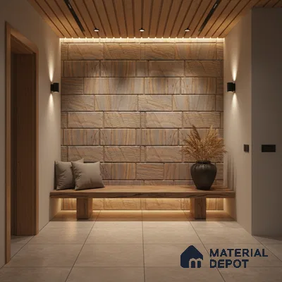 Scandinavian foyer with natural wood cladding, beige stone wall tiles, and wooden ceiling panels in Bengaluru