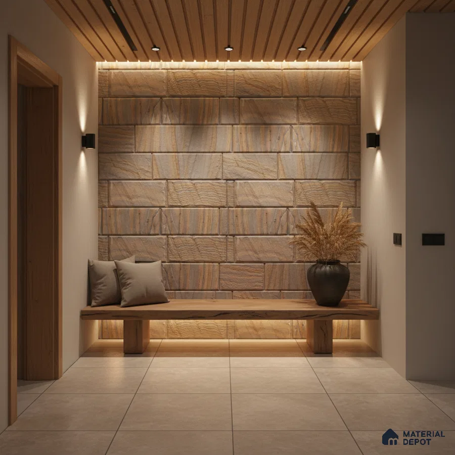 Scandinavian foyer with natural wood cladding, beige stone wall tiles, and wooden ceiling panels in Bengaluru