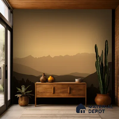 Scandinavian foyer with natural wood console, landscape mural wallpaper, and neutral ceramic planters in Bengaluru