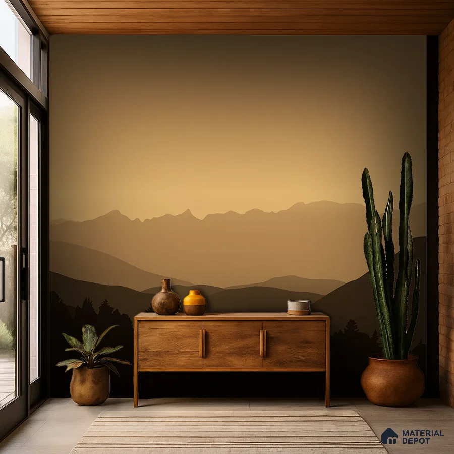 Scandinavian foyer with natural wood console, landscape mural wallpaper, and neutral ceramic planters in Bengaluru