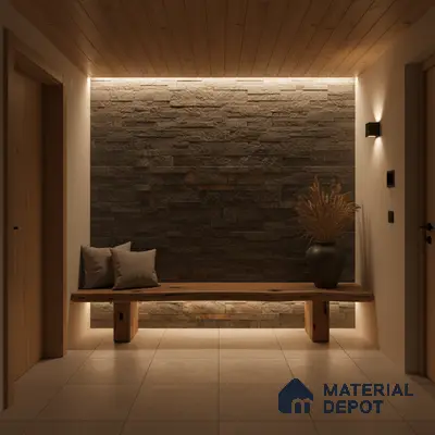 Scandinavian foyer with stacked stone cladding, natural wood bench, and beige floor tiles in Bengaluru