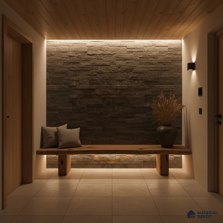 Scandinavian foyer with stacked stone cladding, natural wood bench, and beige floor tiles in Bengaluru