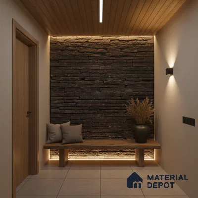 Scandinavian foyer with stacked stone cladding, natural wood bench, and beige floor tiles in Bengaluru