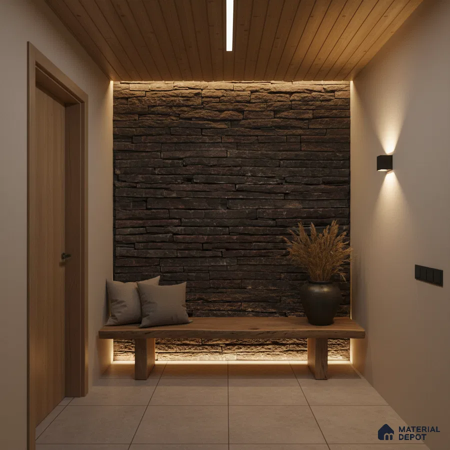 Scandinavian foyer with stacked stone cladding, natural wood bench, and beige floor tiles in Bengaluru