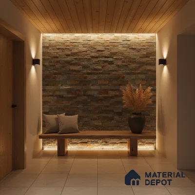 Scandinavian foyer with stacked stone cladding, natural wood ceiling, and beige floor tiles in Bengaluru