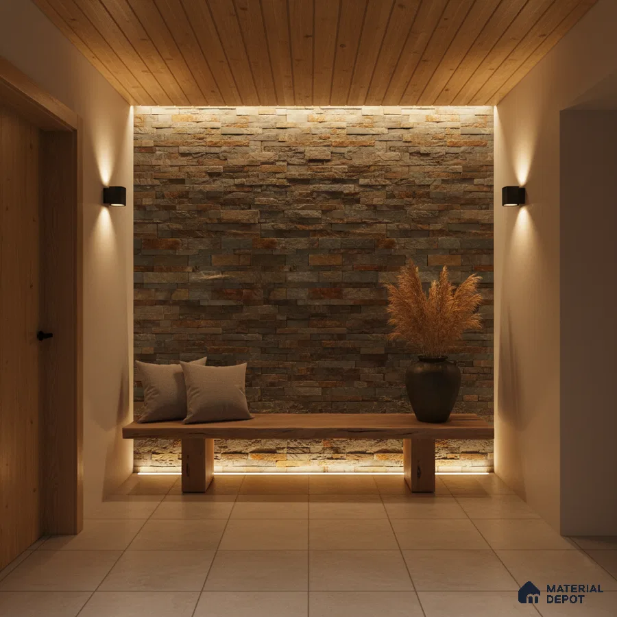 Scandinavian foyer with stacked stone cladding, natural wood ceiling, and beige floor tiles in Bengaluru