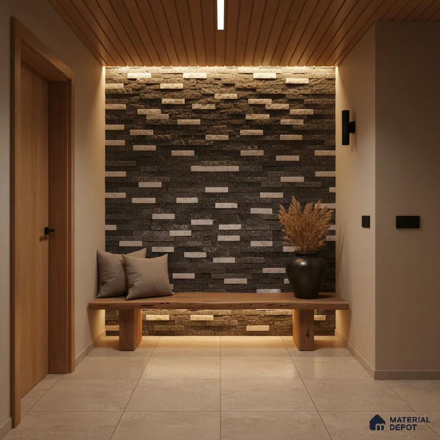 Scandinavian foyer with stacked stone cladding, wooden ceiling, and beige floor tiles in Bengaluru